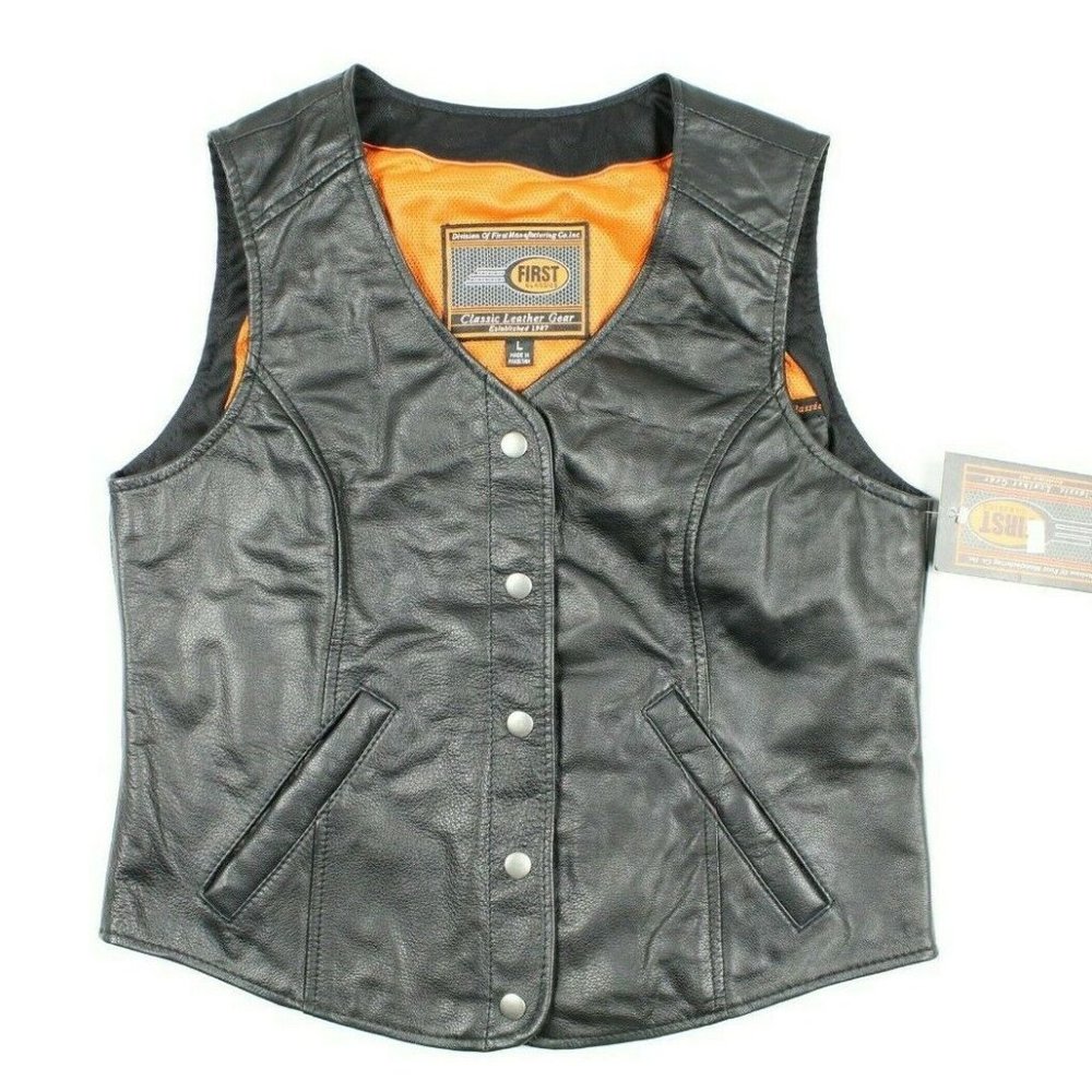 New First Classics Womens Black Leather Vest Large